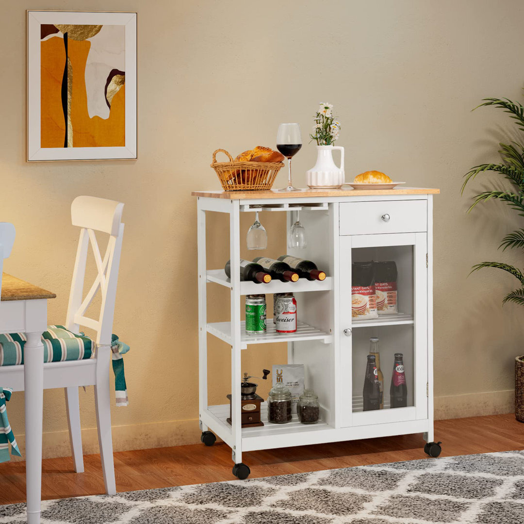 70cm Wide Rolling Kitchen Trolley with Solid Wood Top