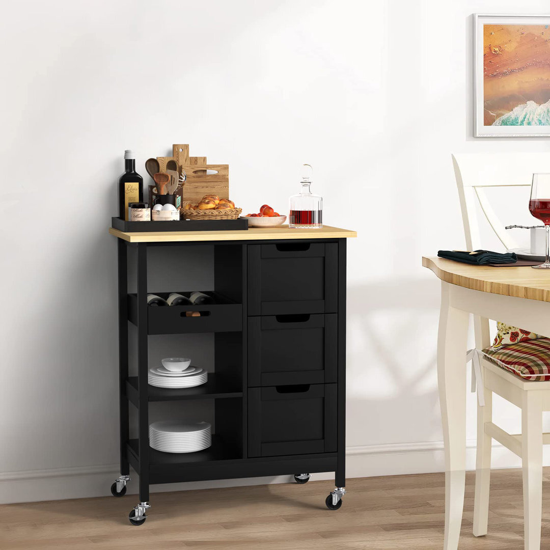 Kitchen Storage Trolley On Wheels, Rolling Kitchen Island With Rubber Wood Worktop, Removable Tray, 2 Shelves & 3 Drawers, Utility Serving Cart For Ho