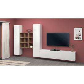 Mikesha TV wall unit Dcarbon, with 3 doors,  100% Made in Italy, cm 270x30h180, Glossy white and Maple