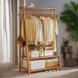 Mattera Natural Bamboo Wooden Clothes Rack, Garment Rail Garment Rack Open Wardrobe, Storage Shelves Bedroom