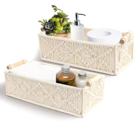 2Pcs Storage Baskets For Shelves Macrame Woven Baskets Boho Bathroom Decor Hamper Baskets For Gifts Toilet Storage Boxes With Handle White Basket (Ivo