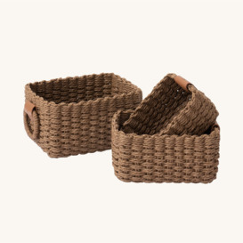 Woven Storage Baskets, Recycled Paper Rope Bin Organizer Divider For Cupboards Drawer Closet Shelf Dresser, Set Of 3 (Chocolate)