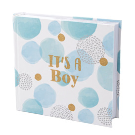 Its A Boy Photo Album With Gold Glitter Text And Blue Circular Floating Bubbles By Isabelle & Max