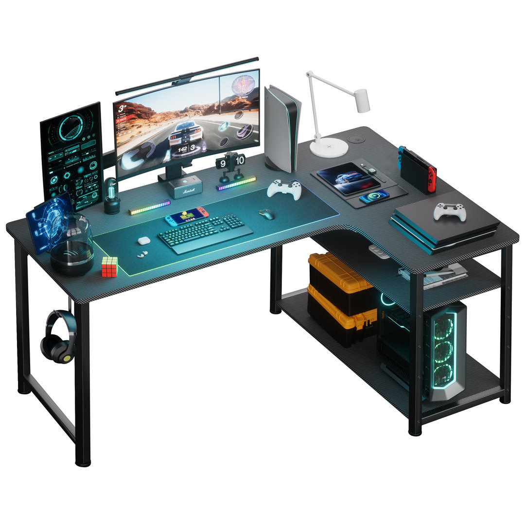 Gaming Desk Corner L Shaped Desk with Power Outlet and Headphone Hook 120x80 Computer Office Desk with Storage Shelves PC Writing Table for Home Offic