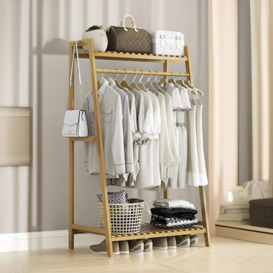 140CM x 50CM Bamboo Clothing Rail Clothes Rack Garment Rail With Shelves Bedroom Furniture