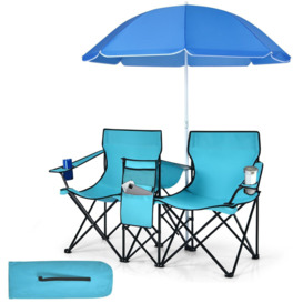 Outdoor Portable Double Camping Chair Folding Picnic Chairs W/ Umbrella Ice Bag