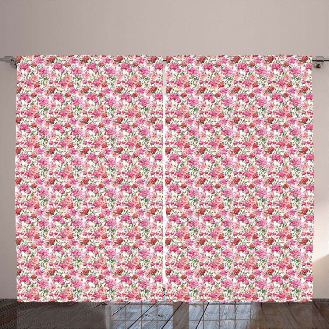 Rustic curtain, spring garden roses, pale pink