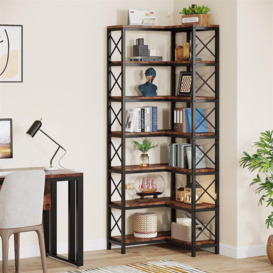 Corner Bookshelf, Large Modern Corner Bookcase, Tall Corner Shelf Storage Display Rack With Metal Frame For Living Room Home Office (Rustic Brown) (7-
