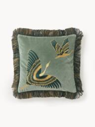 Embroidered Velvet Cushion Cover Onyx with Fringes - thumbnail 1