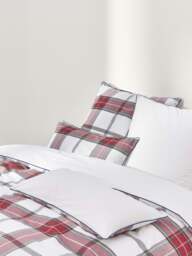 Checked Cotton Percale Duvet Cover Scarlet with Piping