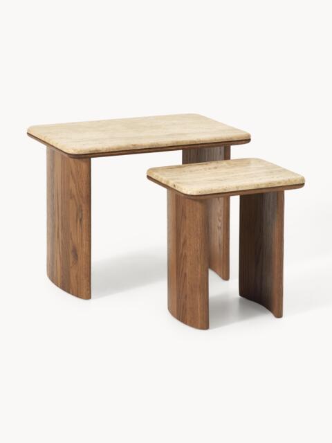 Oak Wood Side Tables Chandler with Travertine Top, Set of 2 - image 1