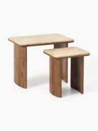 Oak Wood Side Tables Chandler with Travertine Top, Set of 2