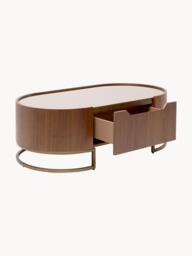 Oval Walnut Wood Coffee Table Giorgio with Glass Top & Drawer - thumbnail 2