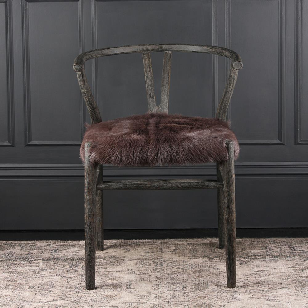 Handmade Wishbone Inspired Dining Chair - Brown Fur Seat - Ashy Ink Oak Frame  - Where Saints Go