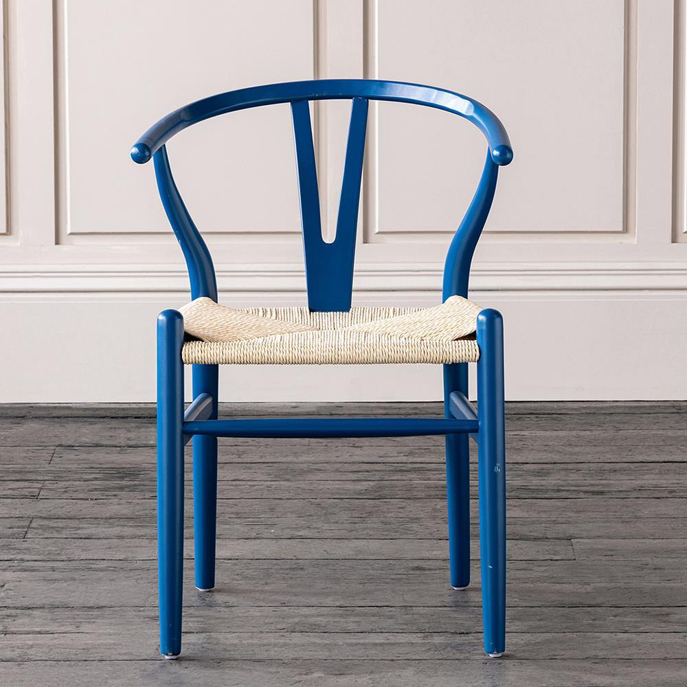 Wishbone Inspired Olson Dining Chair - Blue Frame - Natural Seat  - Where Saints Go Beech - image 1