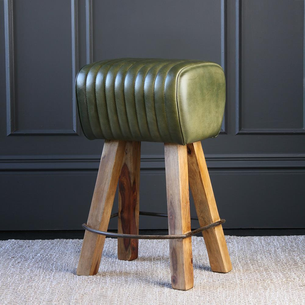 Gibson Bar Stool - Green Seat - Natural Base - 66 - Where Saints Go Green, Natural Leather
