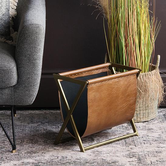 Dalston Magazine Rack - Tan Leather - Gold Base - Where Saints Go