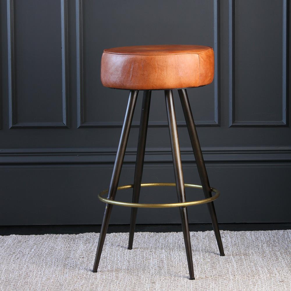 Crompton Bar Stool - Tan Seat - Pewter Base - 66  - Where Saints Go Antique Brown