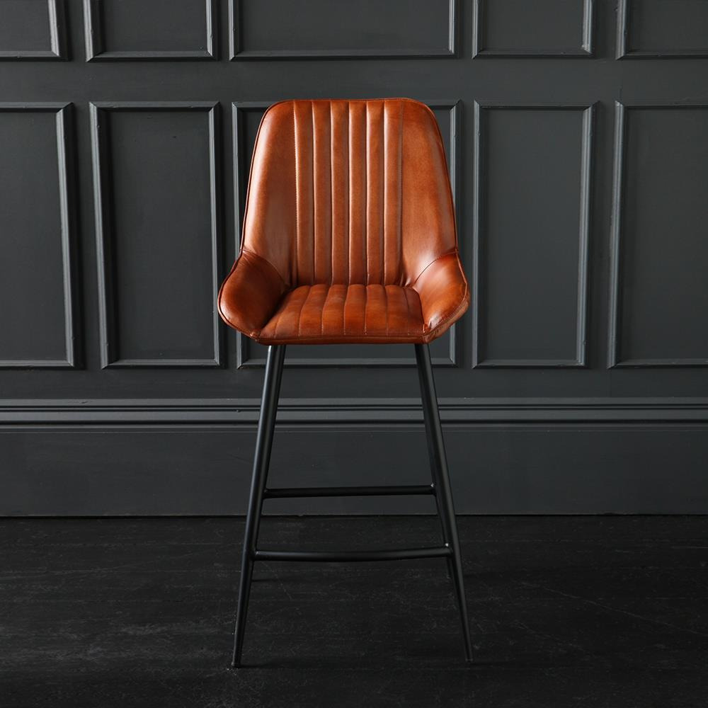 Brooklyn Bar Stool - Tan Seat - Black Base - 66  - Where Saints Go Tan, Black Leather