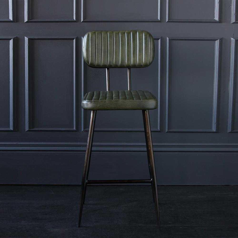 Memphis Bar Stool - Green Seat - Pewter Base - 66 - Where Saints Go Green, Pewter Leather