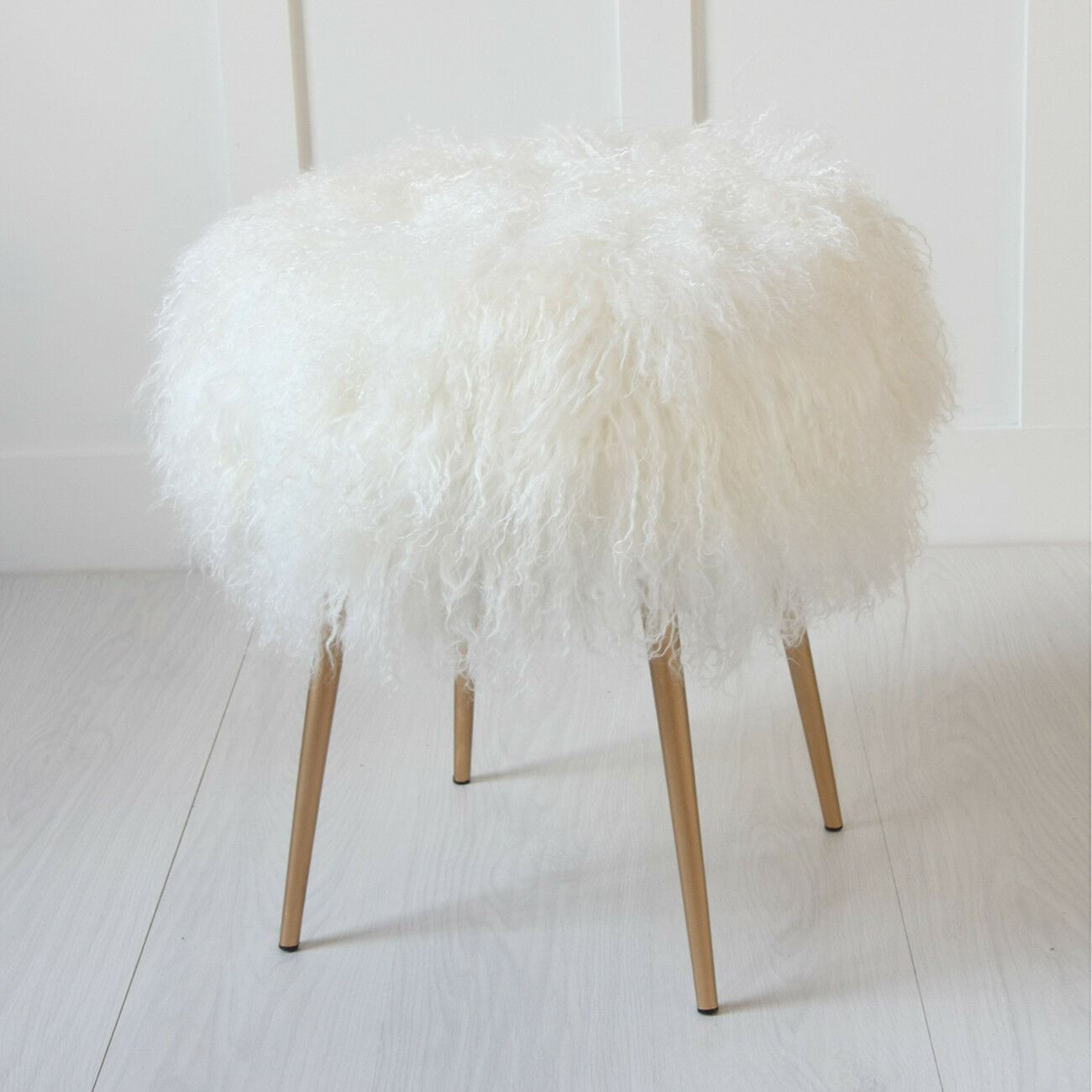 Mongolian Fur Foot Stool - Natural Seat - Gold Leg - Where Saints Go