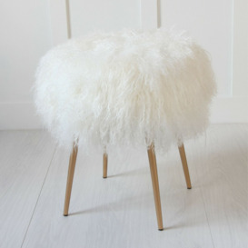 Mongolian Fur Foot Stool - Natural Seat - Gold Leg  - Where Saints Go - thumbnail 1