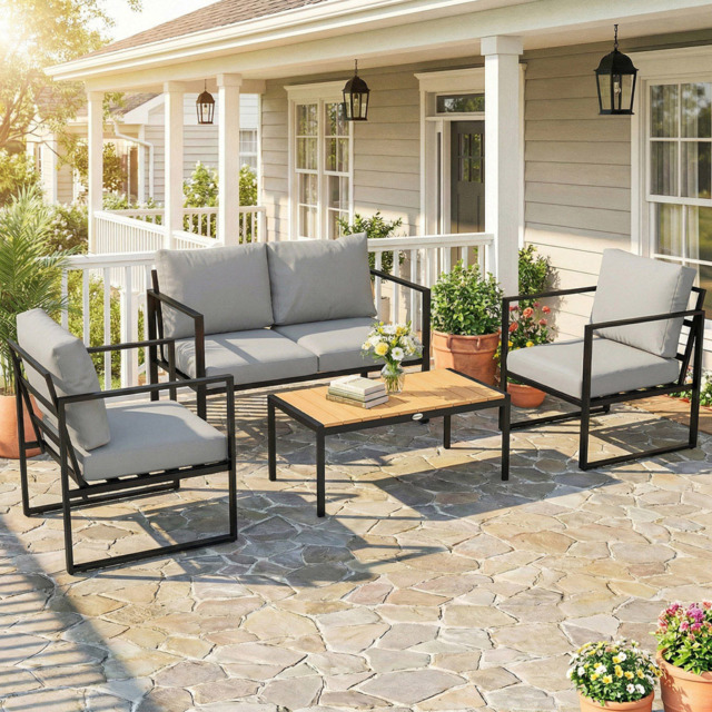 Outsunny 4 Seater Grey Garden Sofa Lounge Set with Cushion - Wilko - image 1