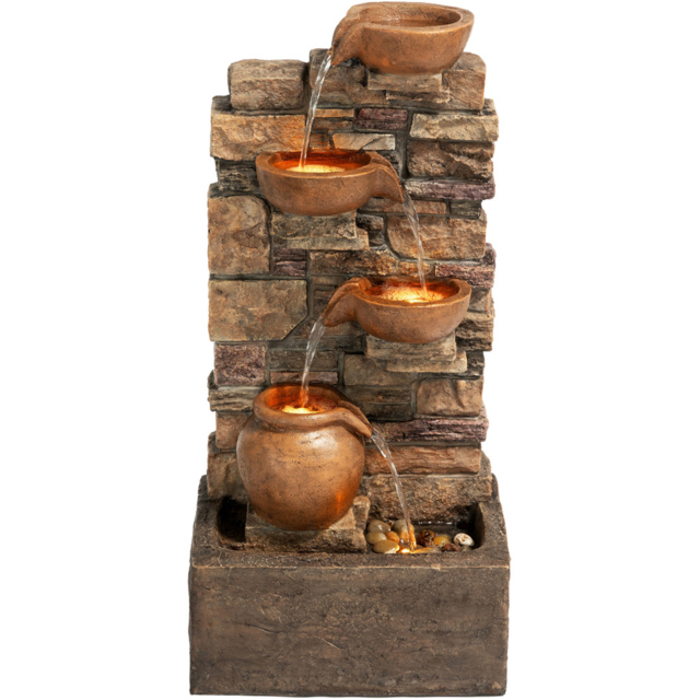 Teamson Home 4-TierLED Brown Cascading Bowl Stacked Stone Outdoor Waterfall Fountain - Size: 72.39 x 25.73 x 34.75cm - Wilko - image 1