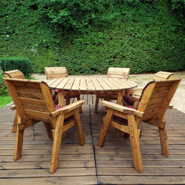 Charles Taylor Solid Wood 6 Seater Round Outdoor Dining Set with Red Cushions - Wilko - image 1