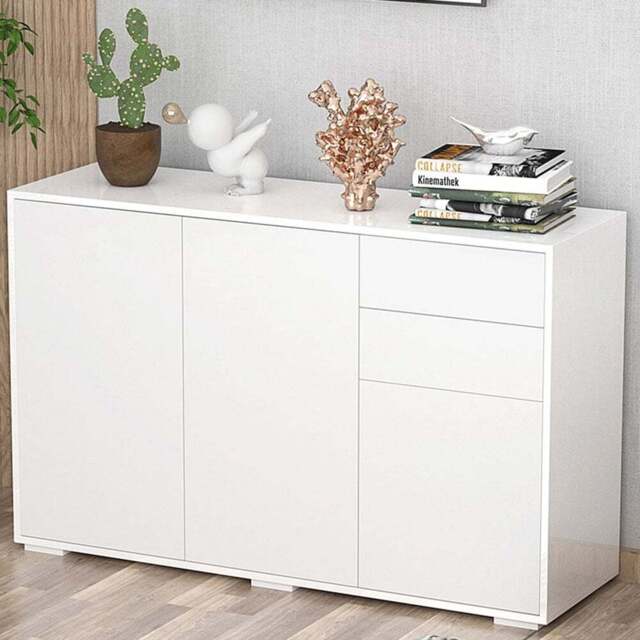 Portland 3 Door 2 Drawer White High Gloss Sideboard - Size: 117 x 36 x 74cm - Wilko - image 1