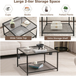 Costway 2 Tier Grey Square Glass Coffee Table - Size: 70 x 70 x 45cm - Wilko - thumbnail 7