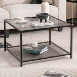 Costway 2 Tier Grey Square Glass Coffee Table - Size: 70 x 70 x 45cm - Wilko