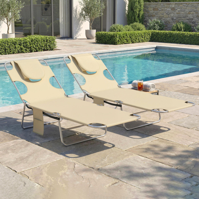 Outsunny Set of 2 Biege Folding Garden Sun Lounger with Reading Hole - Size: 88 x 185 x 55cm - Beige - Wilko - image 1