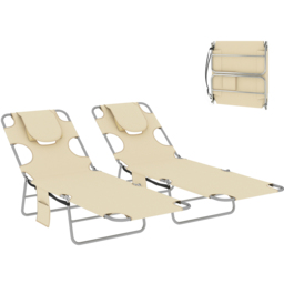 Outsunny Set of 2 Biege Folding Garden Sun Lounger with Reading Hole - Size: 88 x 185 x 55cm - Beige - Wilko - thumbnail 3
