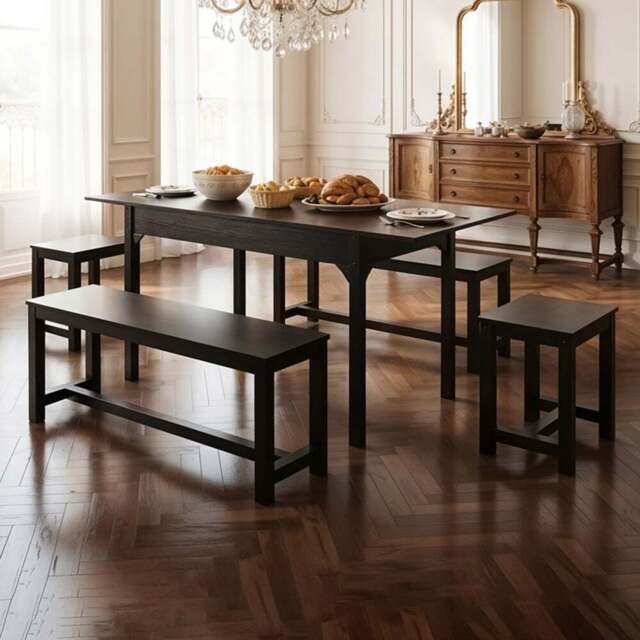 Living and Home 6 Seater Extendable Dining Set with Bench and Stool Black - Wilko - image 1