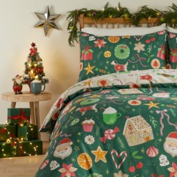 Duvet Day Double Festive Treats Printed Soft Touch Reversible Duvet Set - Green - Wilko - thumbnail 4