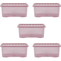 Wham 45L Tint Pink Crystal Storage Box with Lid 5 Pack - Wilko