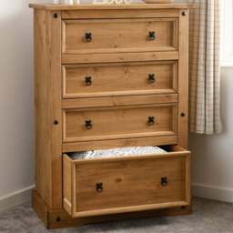 Seconique Corona 4 Drawer Distressed Waxed Pine Chest of Drawers - Brown - Wilko - thumbnail 1