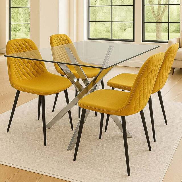 Kosy Koala 4 Seater Glass and Leather Rectangle Dining Table Set Chrome and Mustard - Clear - Wilko - image 1