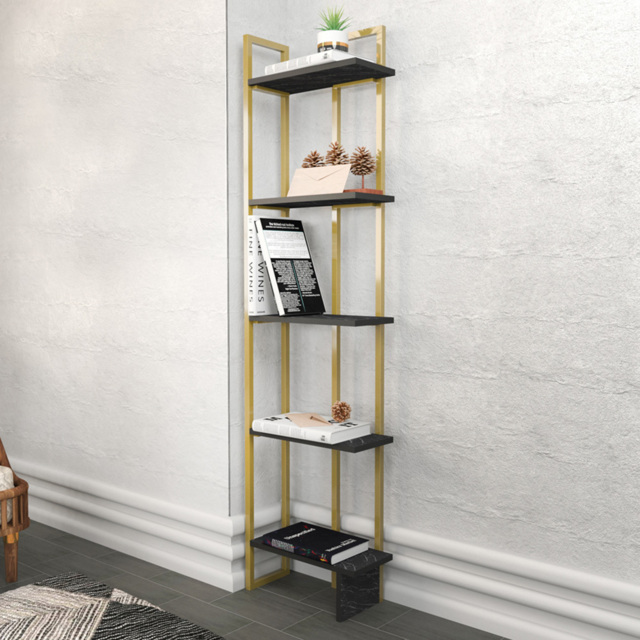 Decorotika Alice 5 Shelf Gold and Black Marble Effect Corner Bookshelf - Size: 180 x 45.2 x 21.6cm - Multi - Wilko - image 1