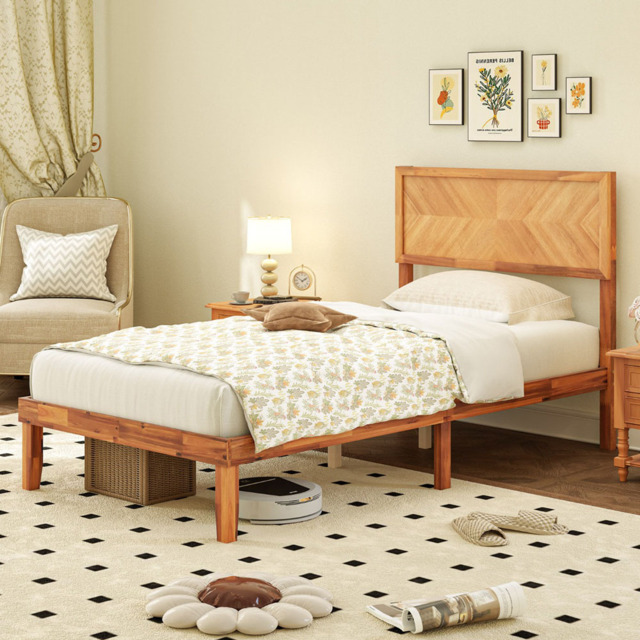 Costway Mid Century Single Acacia Wooden Bed Frame with Headboard - Brown - Wilko - image 1