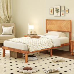Costway Mid Century Single Acacia Wooden Bed Frame with Headboard - Brown - Wilko - thumbnail 1