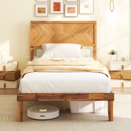 Costway Mid Century Single Acacia Wooden Bed Frame with Headboard - Brown - Wilko - thumbnail 4