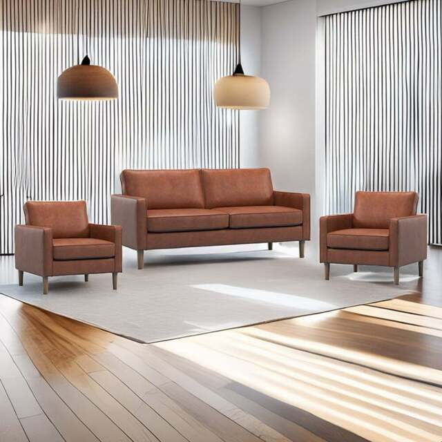 Bexhill 5 Seater Tan Faux Leather Sofa Suite - Brown - Wilko - image 1