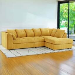 Luxor 4 Seater Mustard Jumbo Cord Right Hand Facing Scatter Back L Shaped Corner Sofa Set - Yellow - Wilko - thumbnail 1