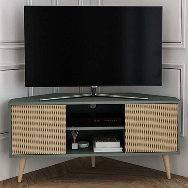 Decorotika Lesson 2 Door 2 Shelf Green and Rattan Corner TV Stand - Size: 16.6 x 120 x 59.8cm - Multi - Wilko - image 1