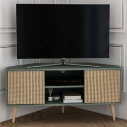 Decorotika Lesson 2 Door 2 Shelf Green and Rattan Corner TV Stand - Size: 16.6 x 120 x 59.8cm - Multi - Wilko