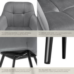 tectake Marilyn Set of 6 Grey and Black Quilted Velvet Dining Chair - Wilko - thumbnail 7