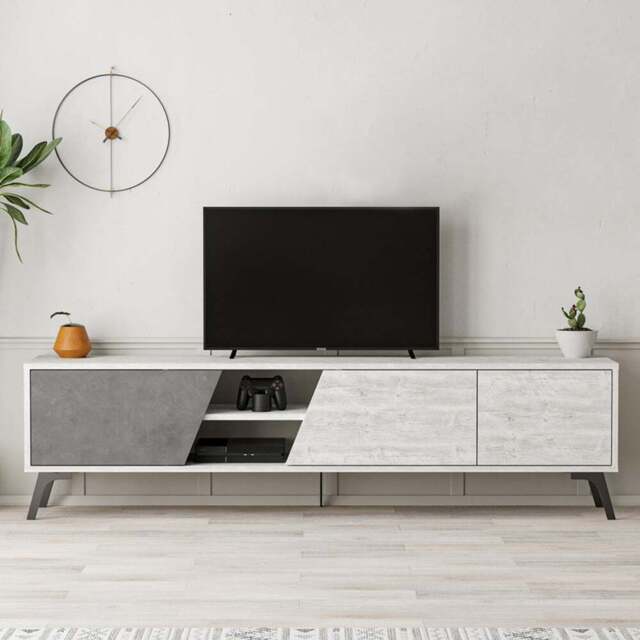 Decortie Fiona 3 Door 2 Shelf Retro Grey Ancient White TV Unit Media Centre Storage Cabinet - Size: 48.0  x 180.0  x 35.6 cm - Multi - Wilko - image 1