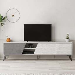 Decortie Fiona 3 Door 2 Shelf Retro Grey Ancient White TV Unit Media Centre Storage Cabinet - Size: 48.0  x 180.0  x 35.6 cm - Multi - Wilko